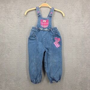 Vintage Eclipse Kids Denim Overalls Pink Plaid Heart Patch Ruffles Size 4T